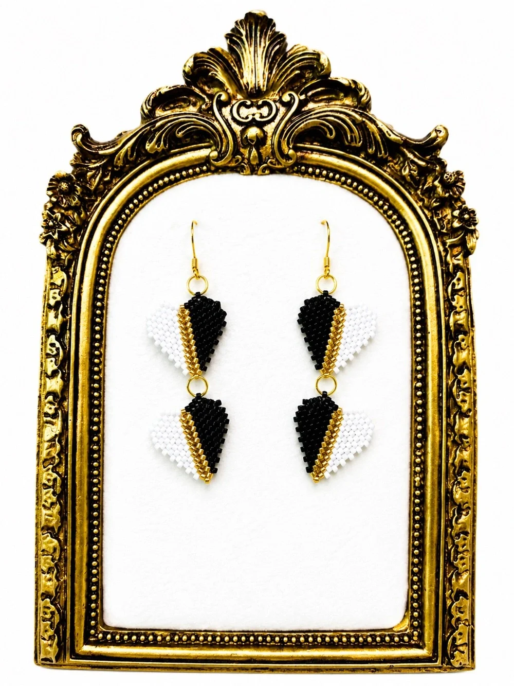 Handcrafted Black, White & Gold Beaded Heart Drop Earrings